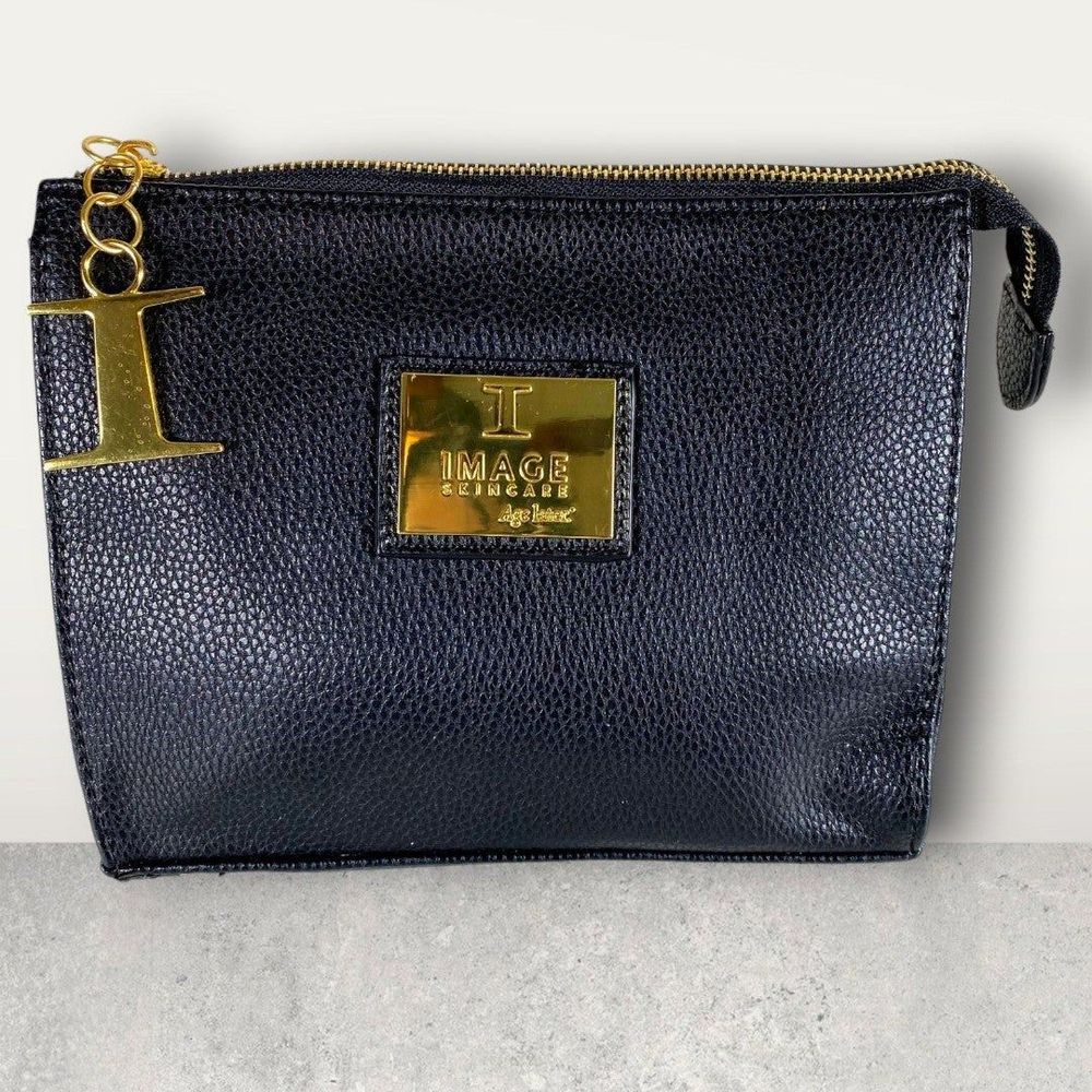Image Skincare Black Gold Accents Faux Vegan Leather Cosmetic Makeup Bag